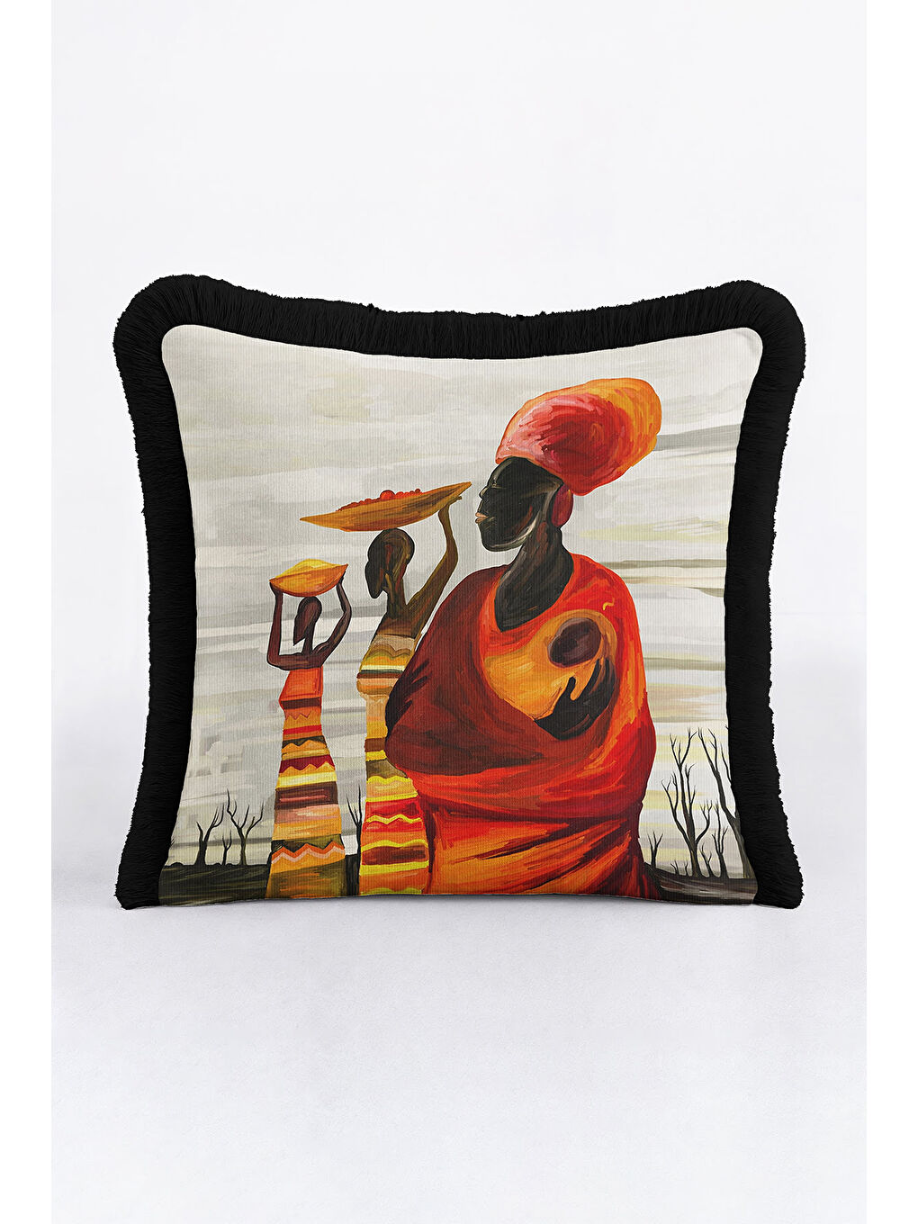 Karışık Afrika Sanatı Saçaklı Yastık Kılıfı - Etnik Kırmızı Siyah Püsküllü Kırlent Kılıfı-2