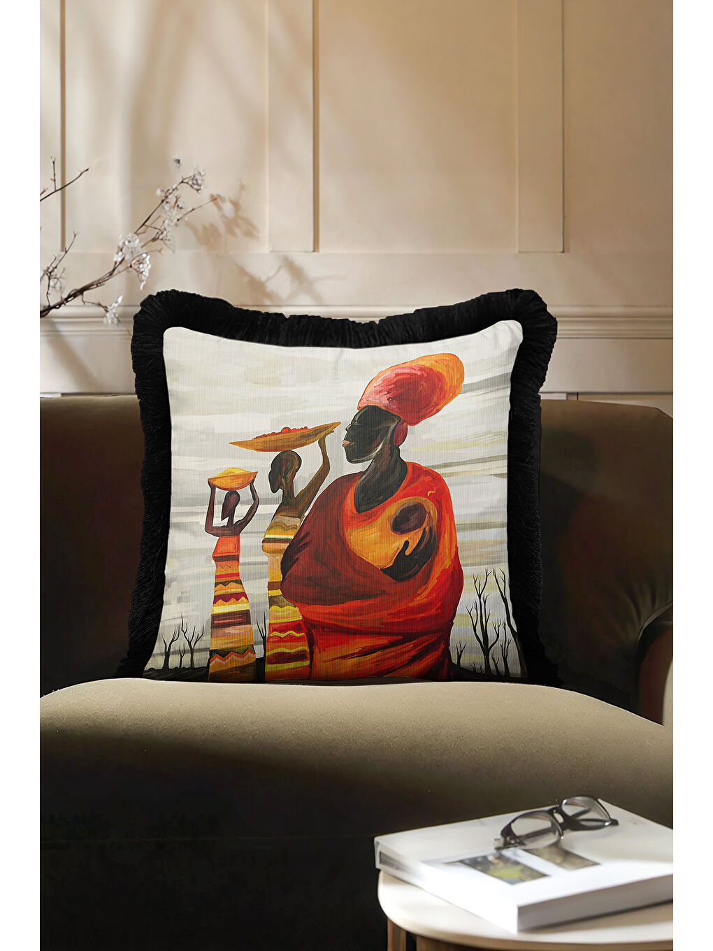 Karışık Afrika Sanatı Saçaklı Yastık Kılıfı - Etnik Kırmızı Siyah Püsküllü Kırlent Kılıfı-3