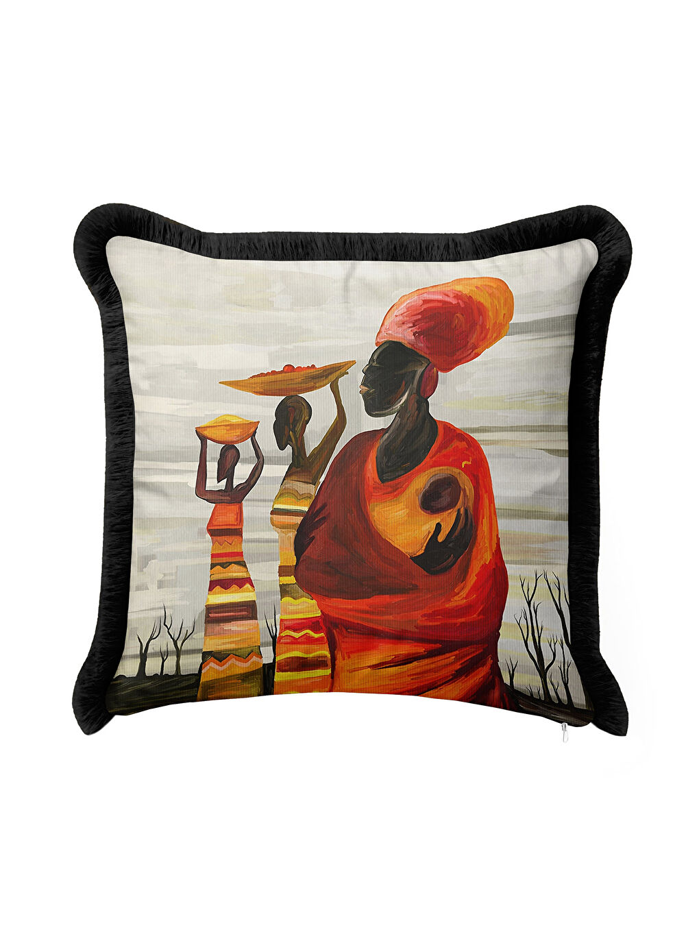 Karışık Afrika Sanatı Saçaklı Yastık Kılıfı - Etnik Kırmızı Siyah Püsküllü Kırlent Kılıfı-4