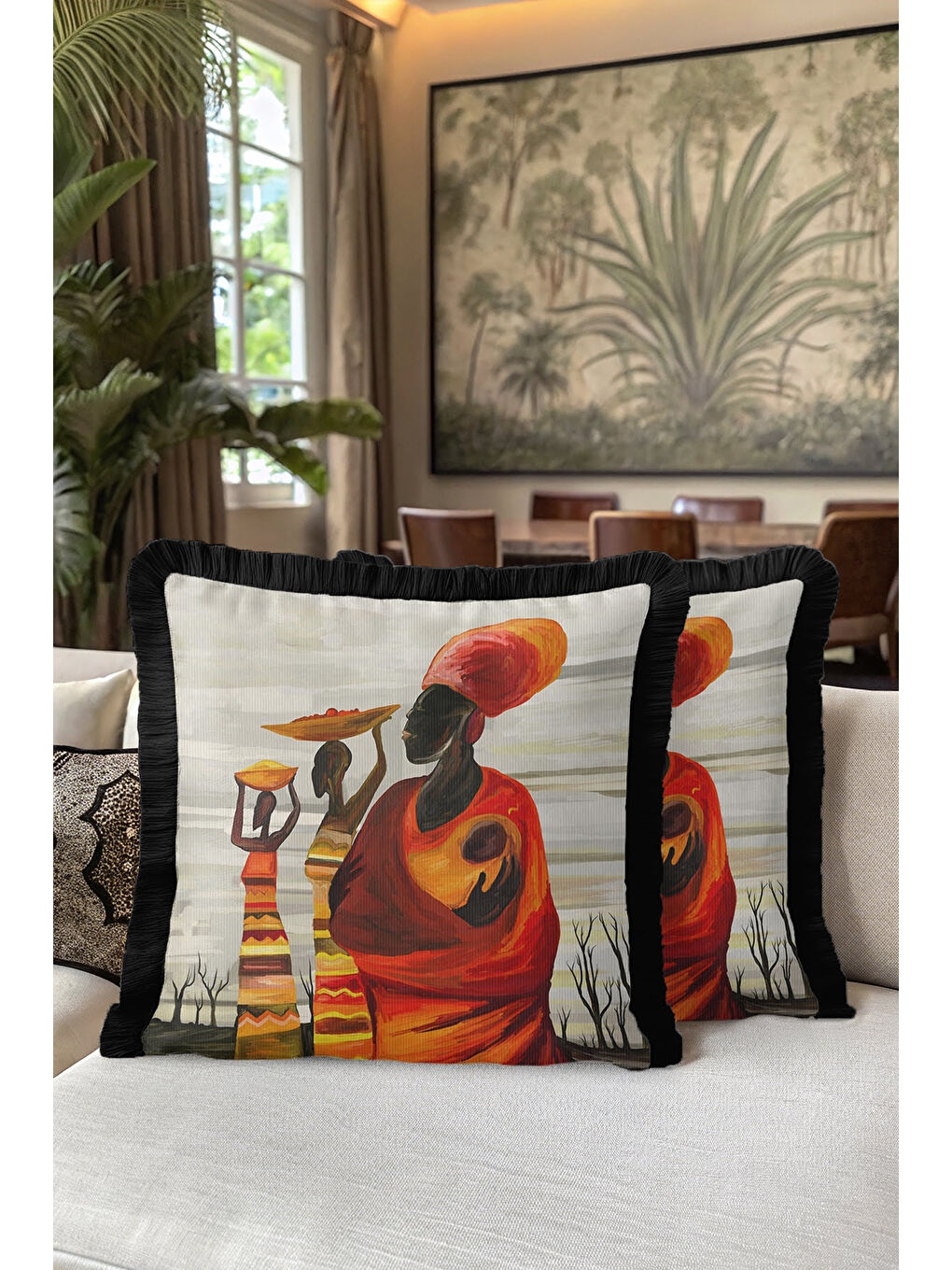 Karışık Afrika Sanatı Saçaklı Yastık Kılıfı - Etnik Kırmızı Siyah Püsküllü Kırlent Kılıfı-5