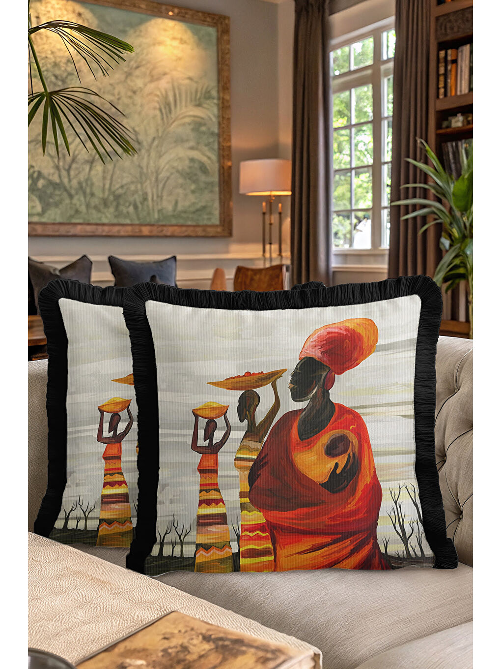 Karışık Afrika Sanatı Saçaklı Yastık Kılıfı - Etnik Kırmızı Siyah Püsküllü Kırlent Kılıfı-7