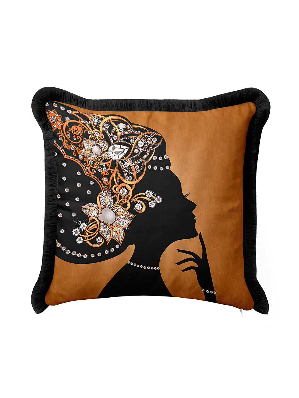 Karışık Zarif Vintage Siluet Saçaklı Yastık Kılıfı - Lüks Art Deco Bohem Altın Renk Püsküllü Kırlent Kılıfı