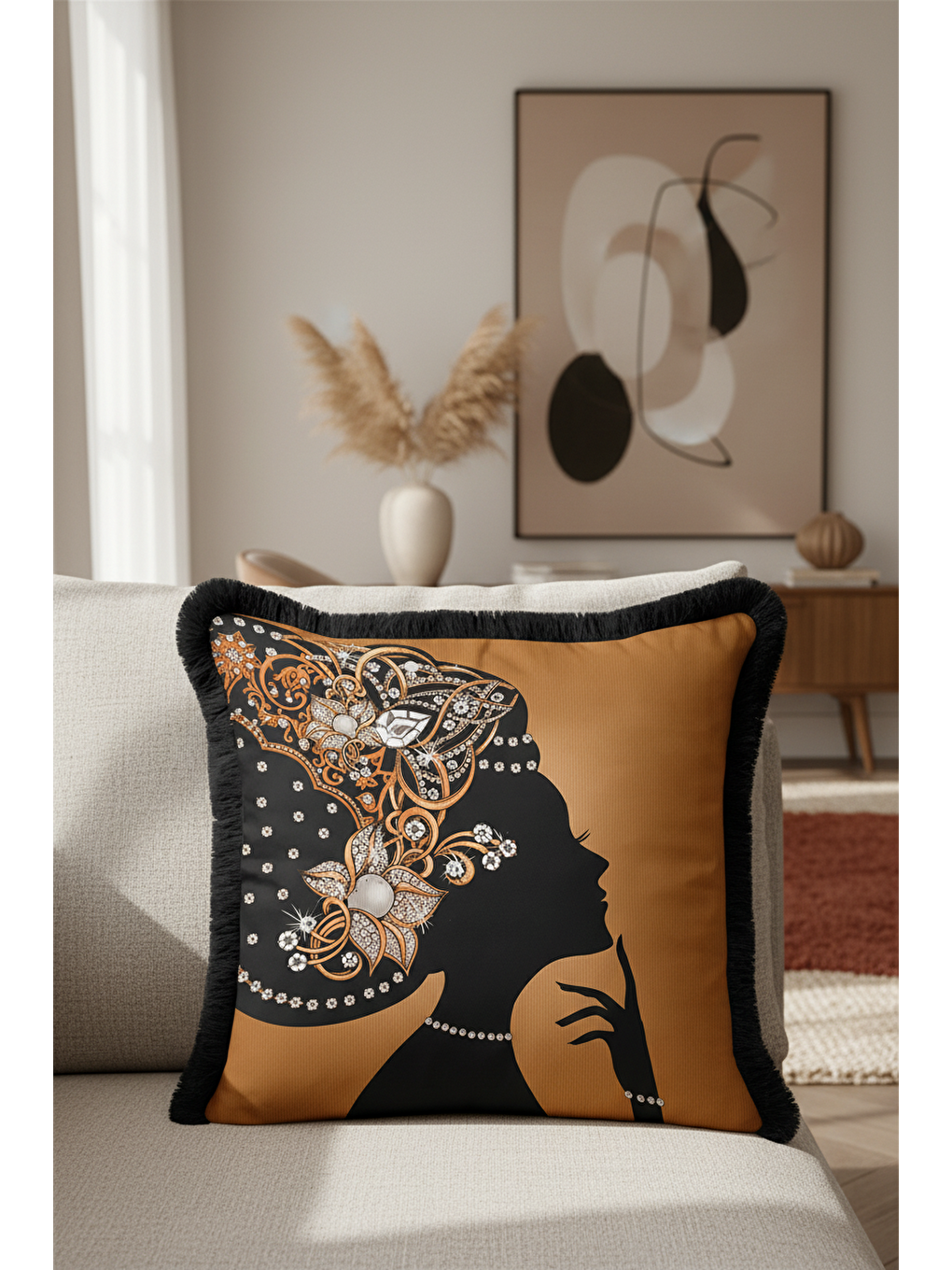 Karışık Zarif Vintage Siluet Saçaklı Yastık Kılıfı - Lüks Art Deco Bohem Altın Renk Püsküllü Kırlent Kılıfı-1