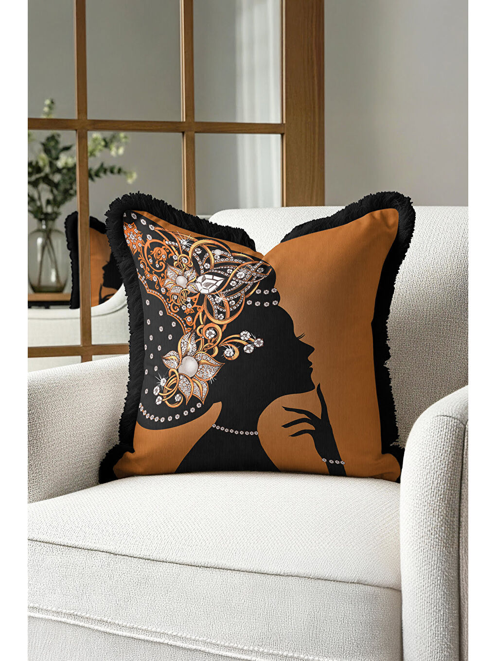 Karışık Zarif Vintage Siluet Saçaklı Yastık Kılıfı - Lüks Art Deco Bohem Altın Renk Püsküllü Kırlent Kılıfı-2