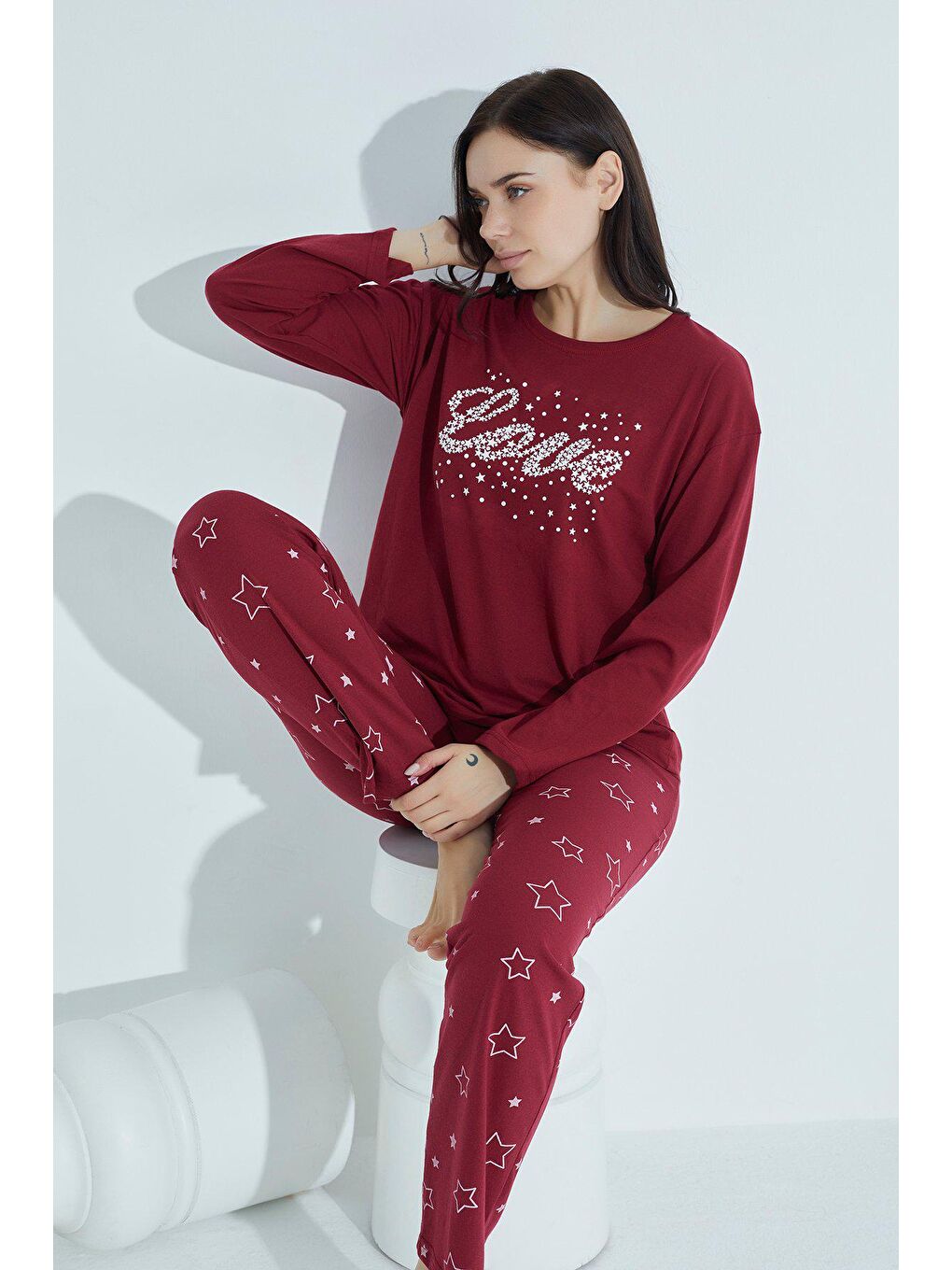 TAMPAP Bordo Kadın Desenli Pijama Takımı Bisiklet Yaka  953 - 1