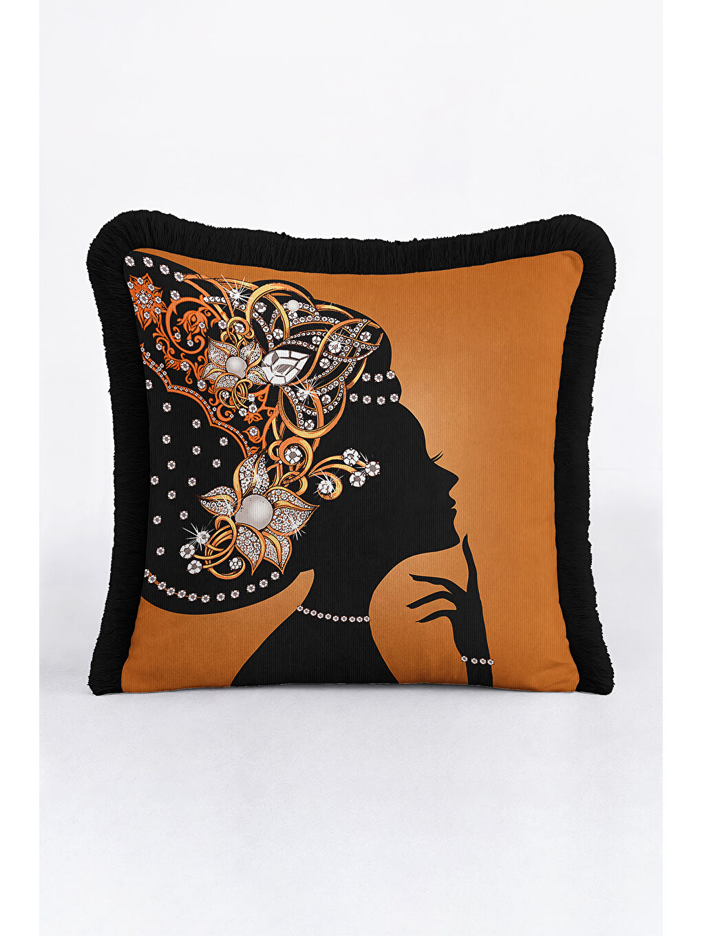 Karışık Zarif Vintage Siluet Saçaklı Yastık Kılıfı - Lüks Art Deco Bohem Altın Renk Püsküllü Kırlent Kılıfı-3