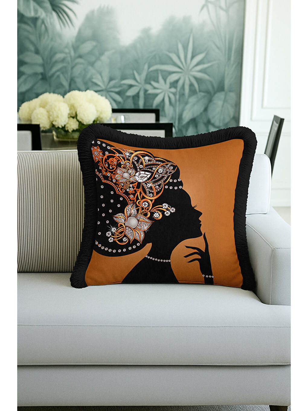 Karışık Zarif Vintage Siluet Saçaklı Yastık Kılıfı - Lüks Art Deco Bohem Altın Renk Püsküllü Kırlent Kılıfı-4