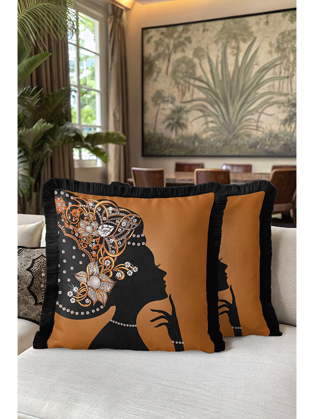 Karışık Zarif Vintage Siluet Saçaklı Yastık Kılıfı - Lüks Art Deco Bohem Altın Renk Püsküllü Kırlent Kılıfı-5