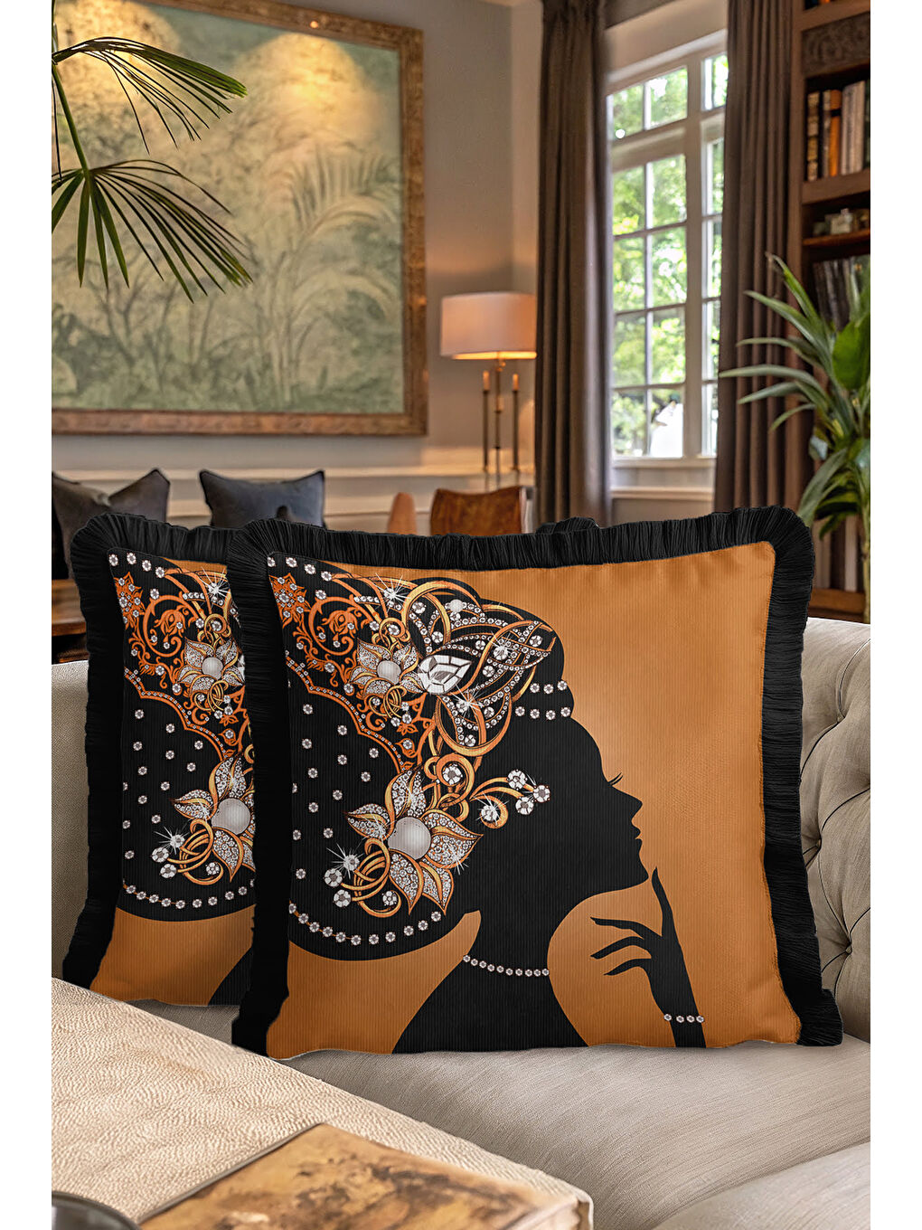 Karışık Zarif Vintage Siluet Saçaklı Yastık Kılıfı - Lüks Art Deco Bohem Altın Renk Püsküllü Kırlent Kılıfı-7