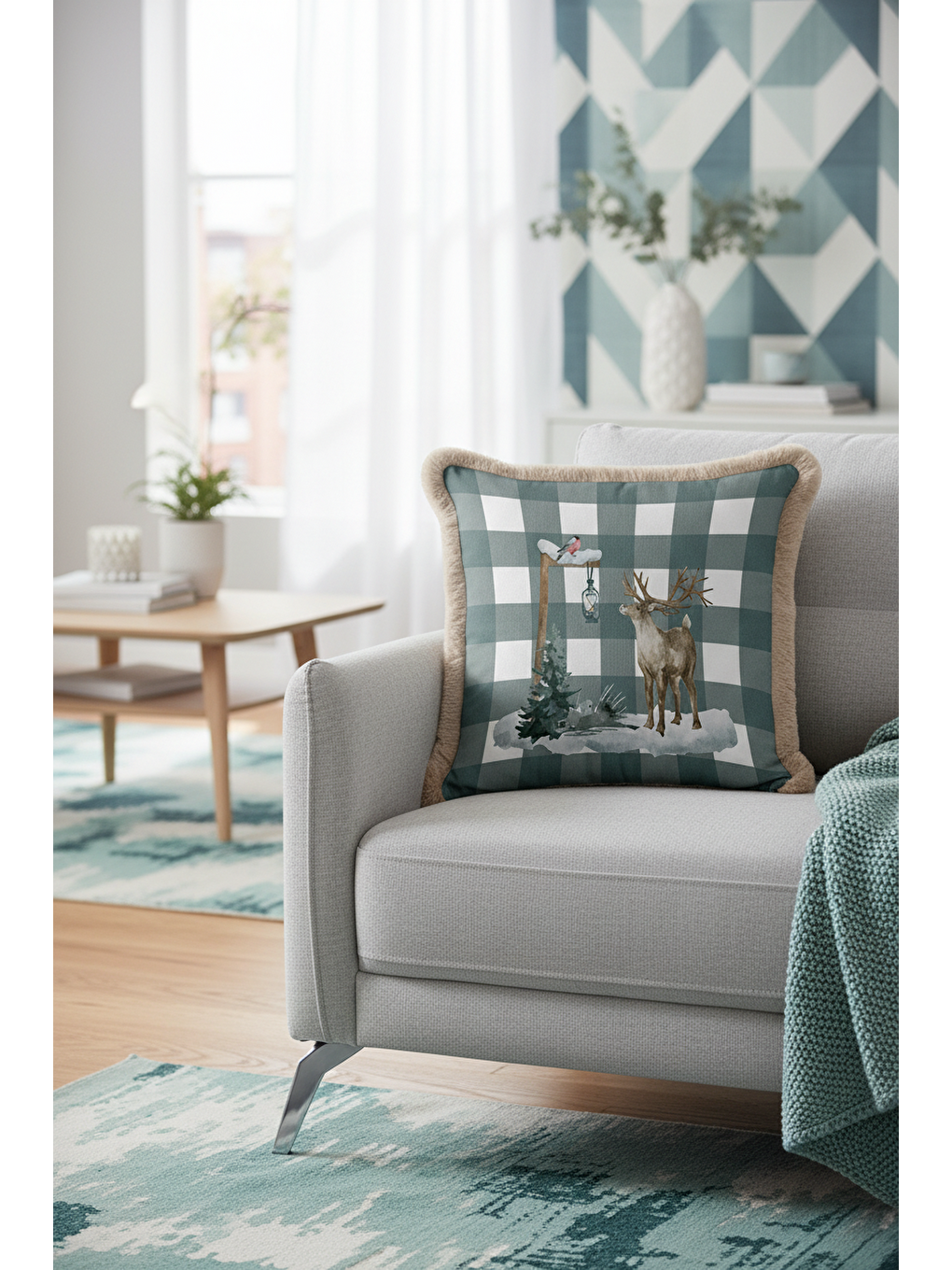 Karışık Rustik Kış Manzaralı Saçaklı Yastık Kılıfı - Doğal Nordic Gri Kare Çizgili Püsküllü Kırlent Kılıfı