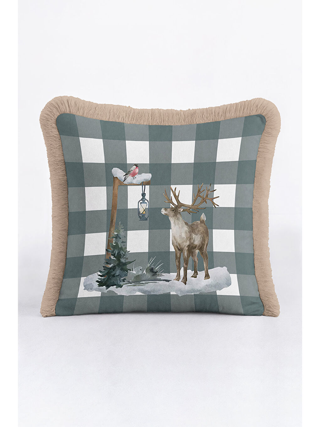 Karışık Rustik Kış Manzaralı Saçaklı Yastık Kılıfı - Doğal Nordic Gri Kare Çizgili Püsküllü Kırlent Kılıfı-1