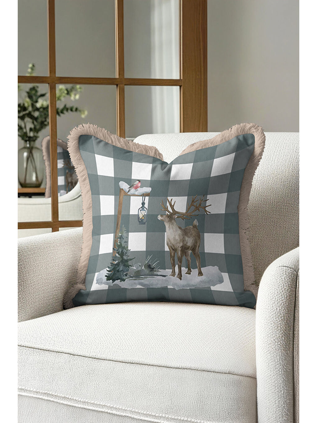 Karışık Rustik Kış Manzaralı Saçaklı Yastık Kılıfı - Doğal Nordic Gri Kare Çizgili Püsküllü Kırlent Kılıfı-2