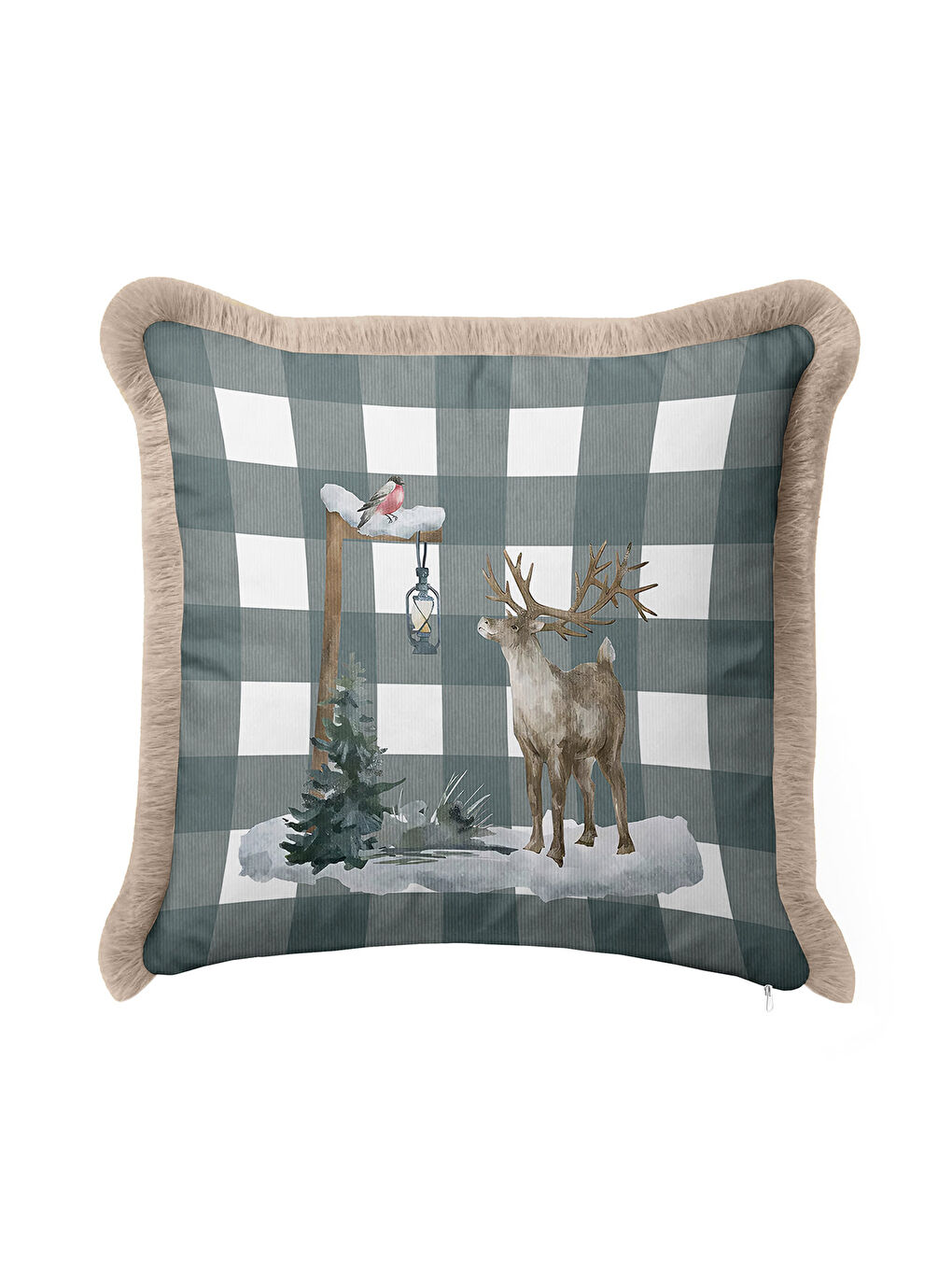 Karışık Rustik Kış Manzaralı Saçaklı Yastık Kılıfı - Doğal Nordic Gri Kare Çizgili Püsküllü Kırlent Kılıfı-3