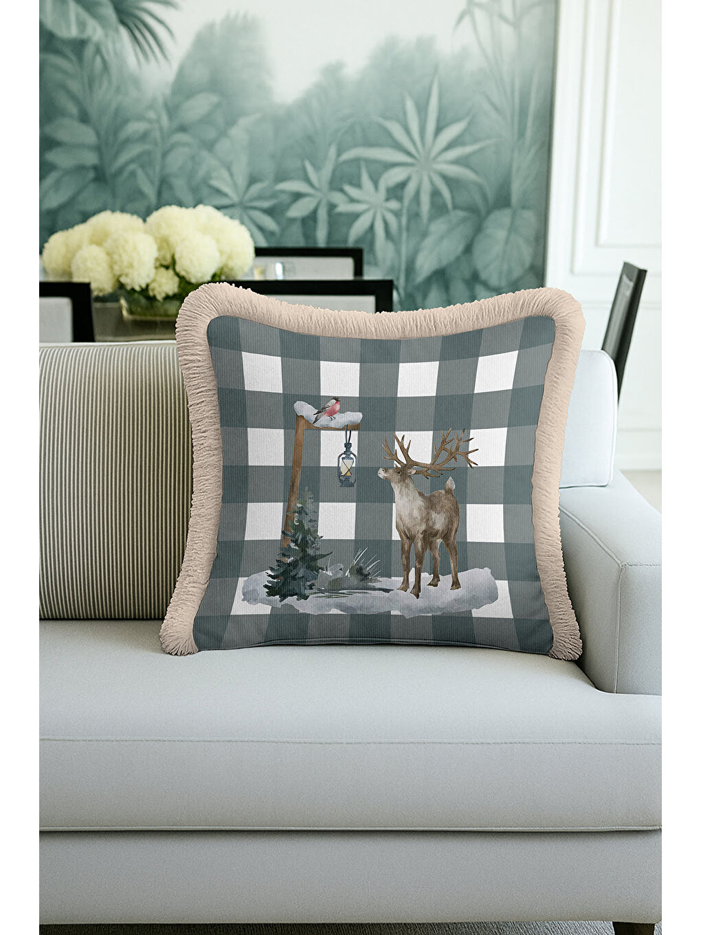Karışık Rustik Kış Manzaralı Saçaklı Yastık Kılıfı - Doğal Nordic Gri Kare Çizgili Püsküllü Kırlent Kılıfı-4
