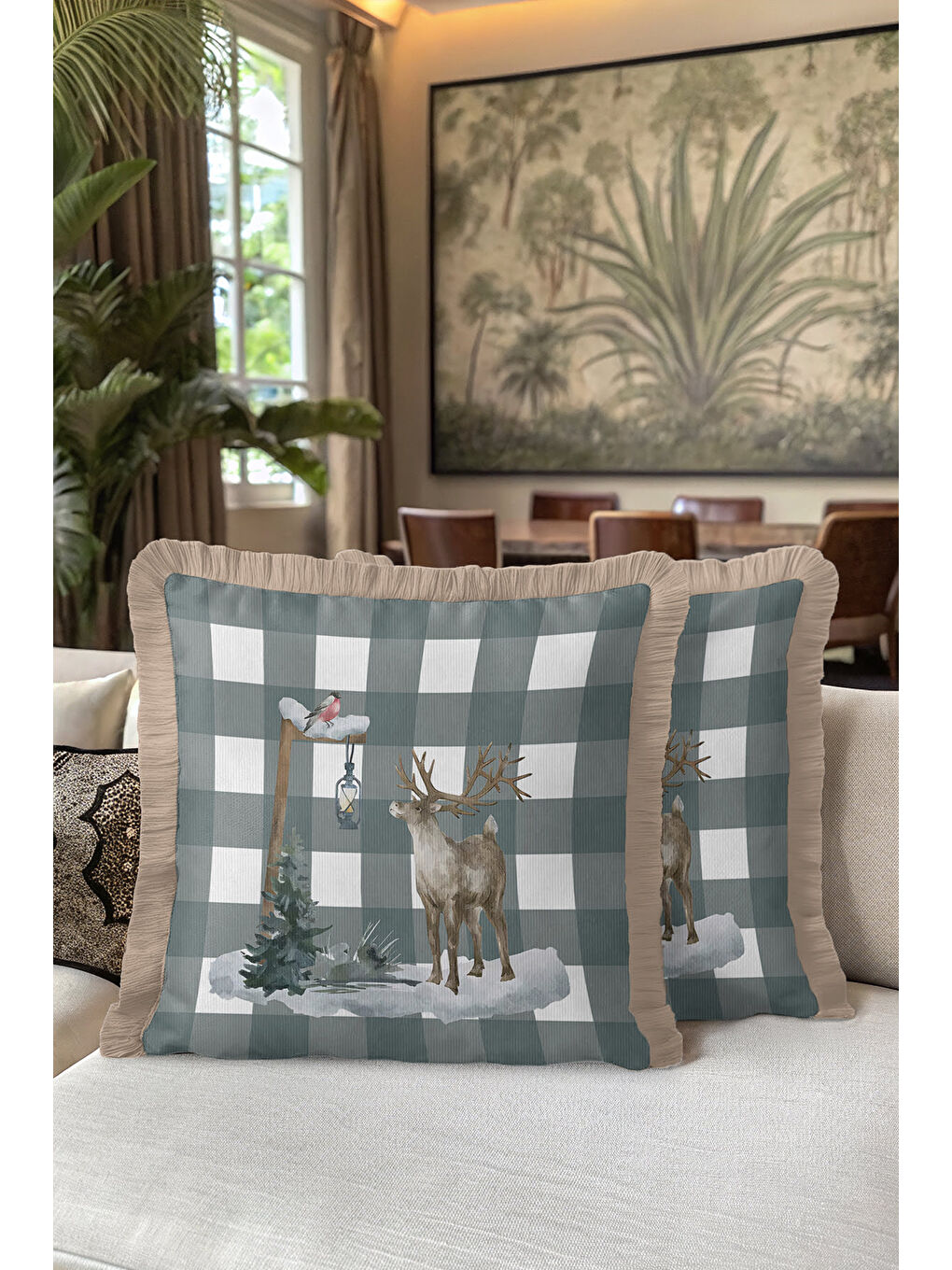 Karışık Rustik Kış Manzaralı Saçaklı Yastık Kılıfı - Doğal Nordic Gri Kare Çizgili Püsküllü Kırlent Kılıfı-5
