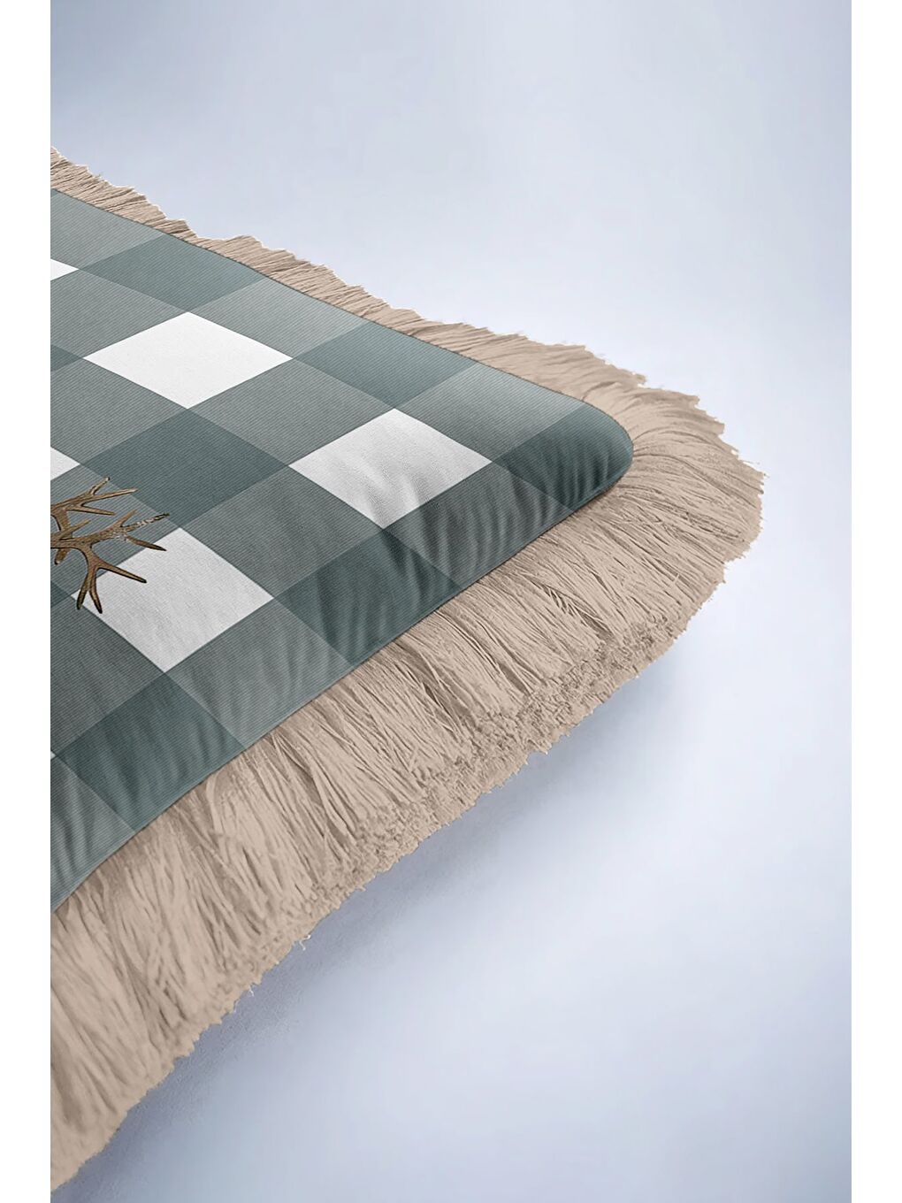 Karışık Rustik Kış Manzaralı Saçaklı Yastık Kılıfı - Doğal Nordic Gri Kare Çizgili Püsküllü Kırlent Kılıfı-6