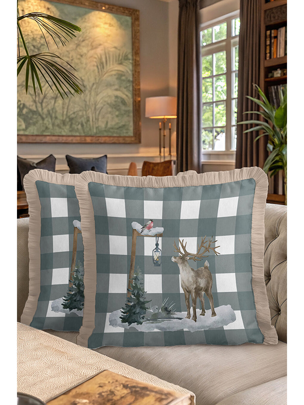 Karışık Rustik Kış Manzaralı Saçaklı Yastık Kılıfı - Doğal Nordic Gri Kare Çizgili Püsküllü Kırlent Kılıfı-7