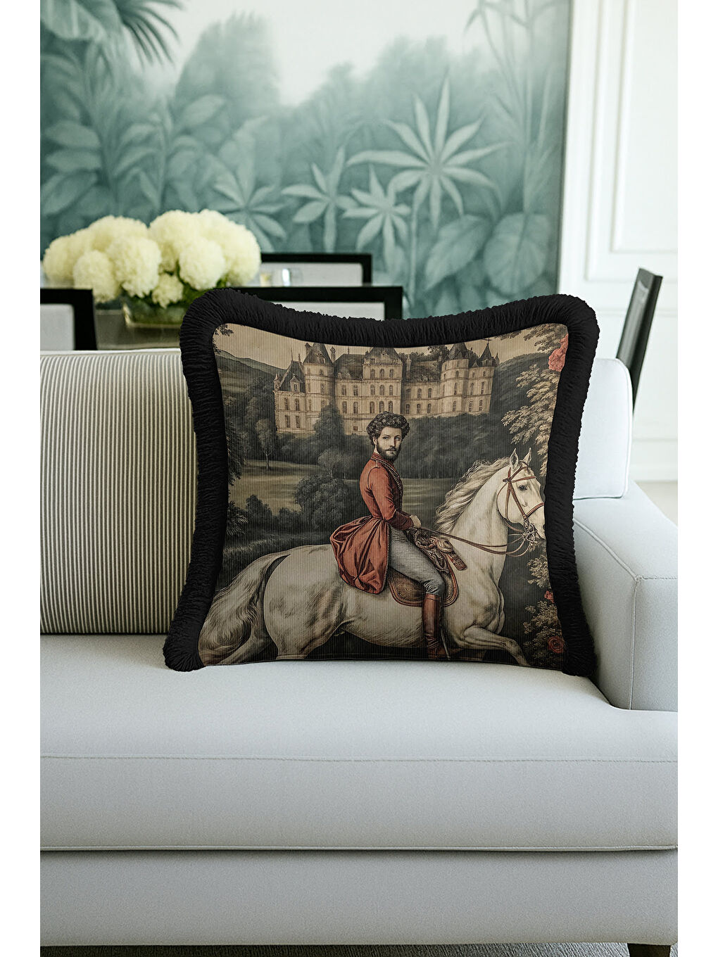 Karışık Saray Esintili Saçaklı Yastık Kılıfı - Şato Temalı Barok Siyah Püsküllü Kırlent Kılıfı