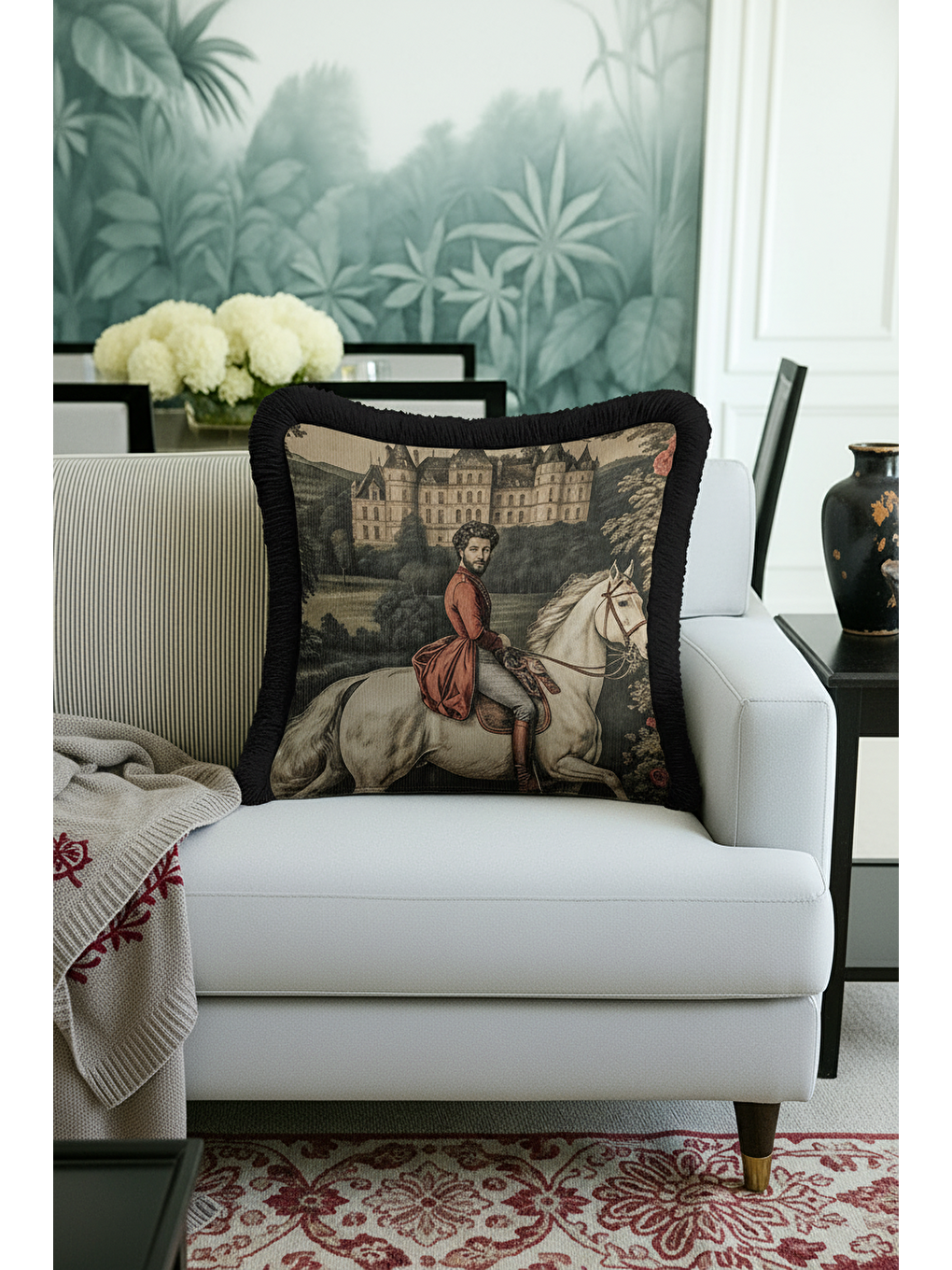 Karışık Saray Esintili Saçaklı Yastık Kılıfı - Şato Temalı Barok Siyah Püsküllü Kırlent Kılıfı-1