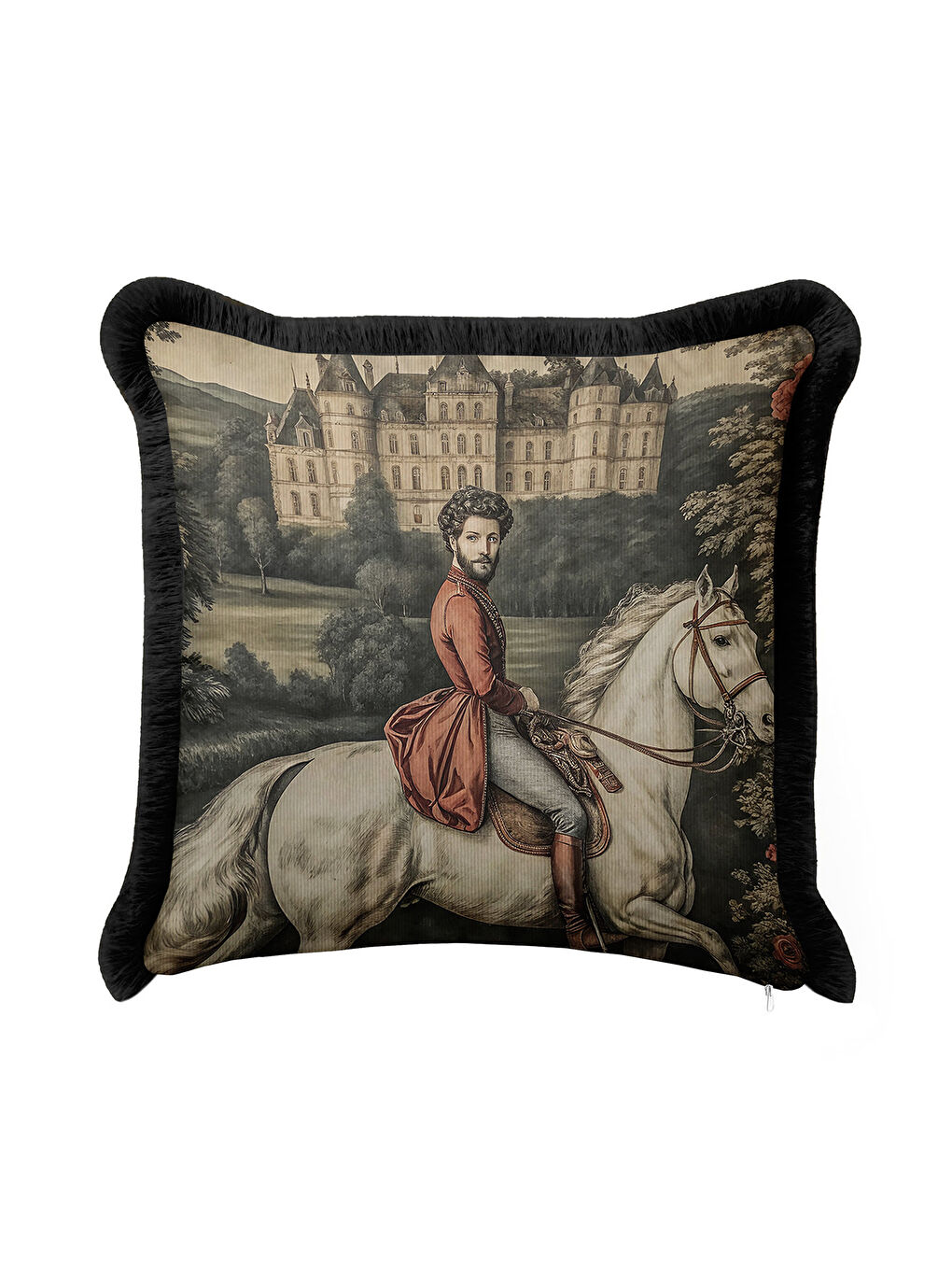 Karışık Saray Esintili Saçaklı Yastık Kılıfı - Şato Temalı Barok Siyah Püsküllü Kırlent Kılıfı-2
