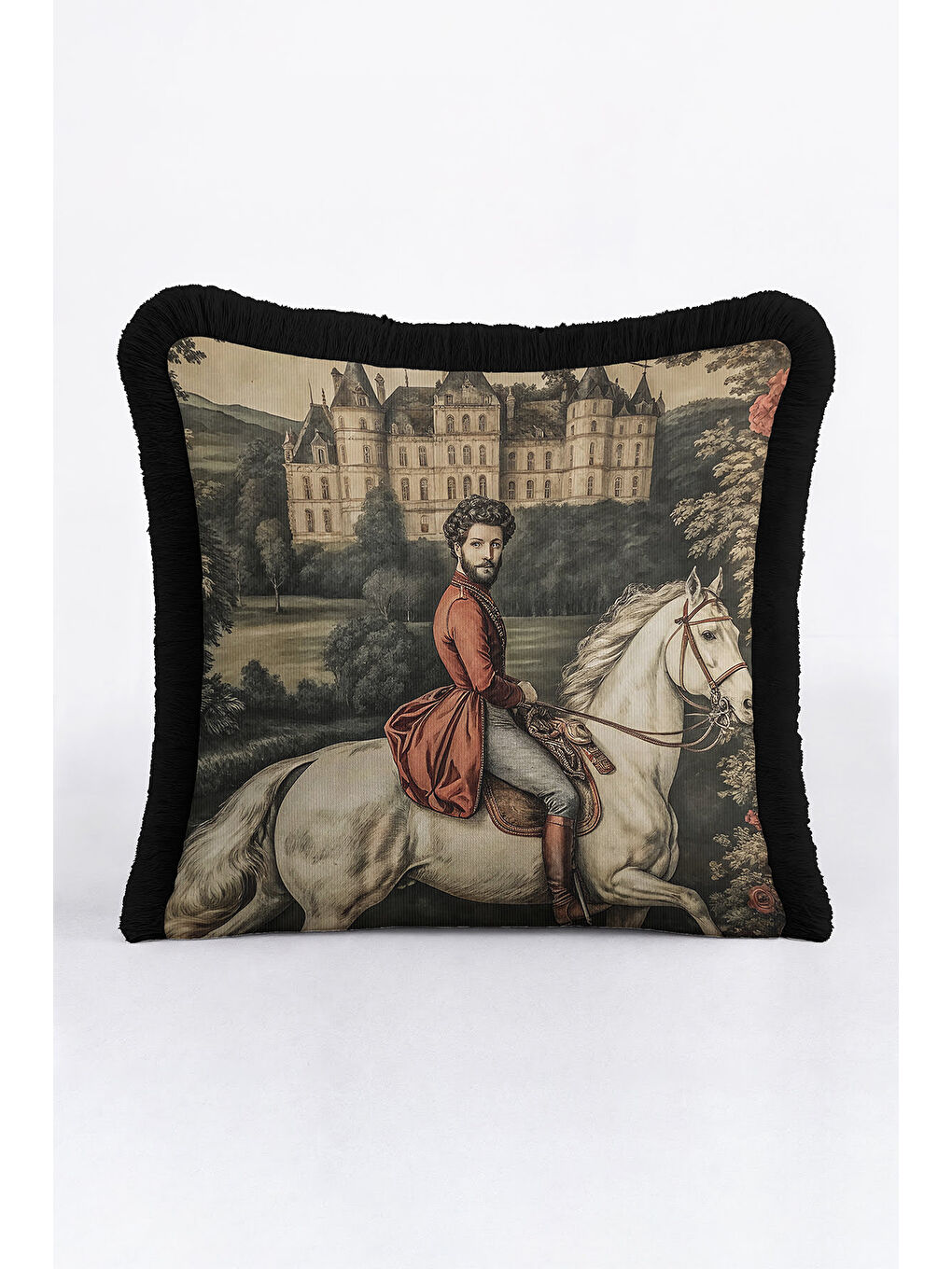 Karışık Saray Esintili Saçaklı Yastık Kılıfı - Şato Temalı Barok Siyah Püsküllü Kırlent Kılıfı-3