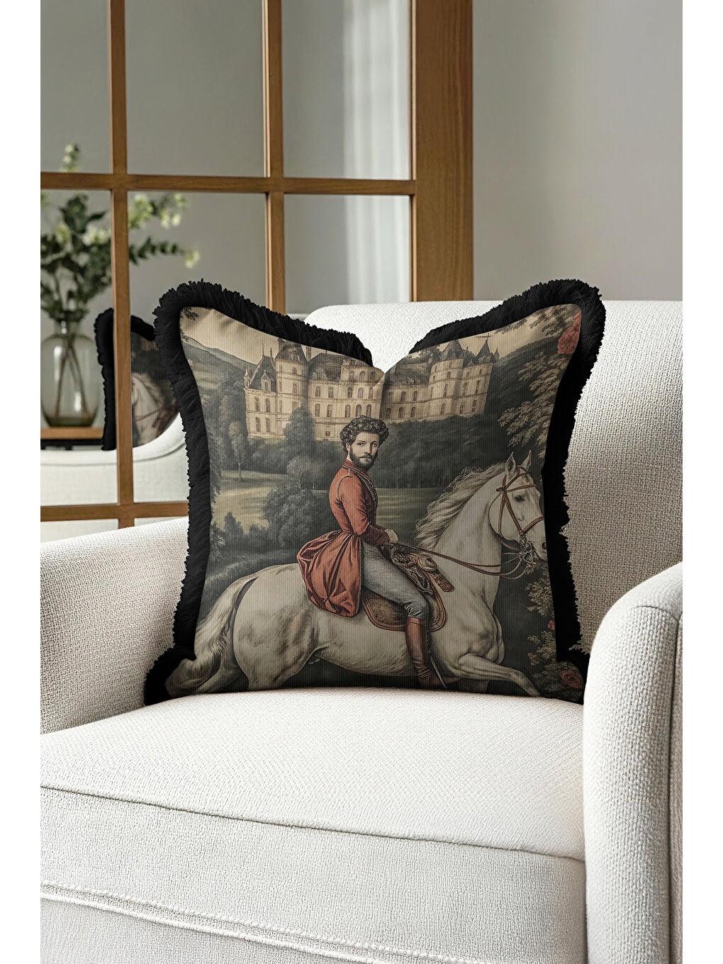 Karışık Saray Esintili Saçaklı Yastık Kılıfı - Şato Temalı Barok Siyah Püsküllü Kırlent Kılıfı-4