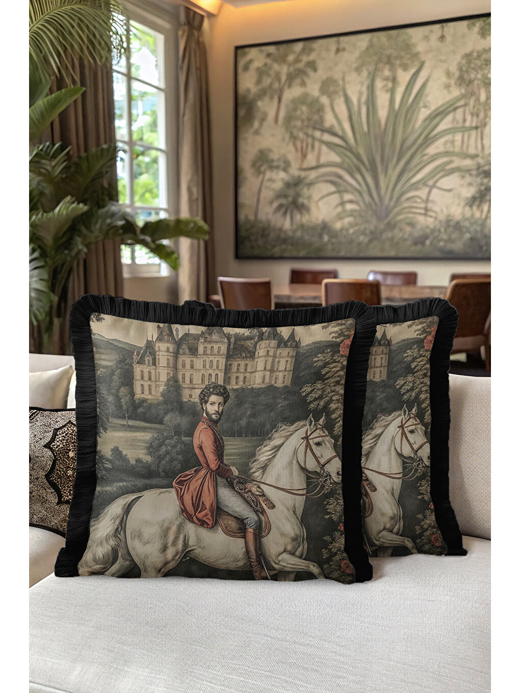 Karışık Saray Esintili Saçaklı Yastık Kılıfı - Şato Temalı Barok Siyah Püsküllü Kırlent Kılıfı-5