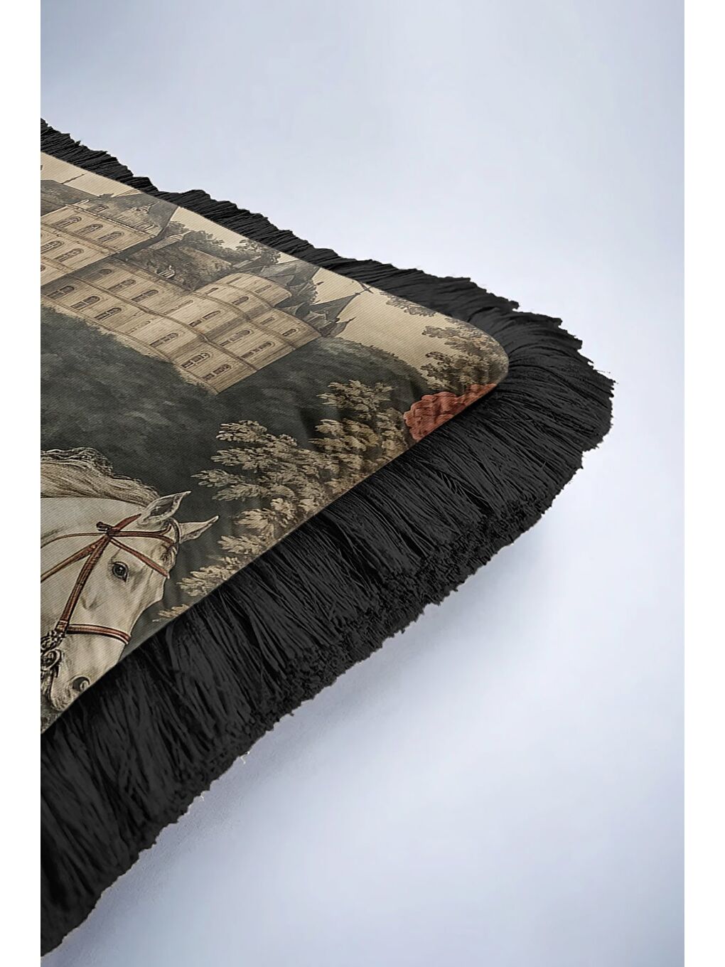 Karışık Saray Esintili Saçaklı Yastık Kılıfı - Şato Temalı Barok Siyah Püsküllü Kırlent Kılıfı-6