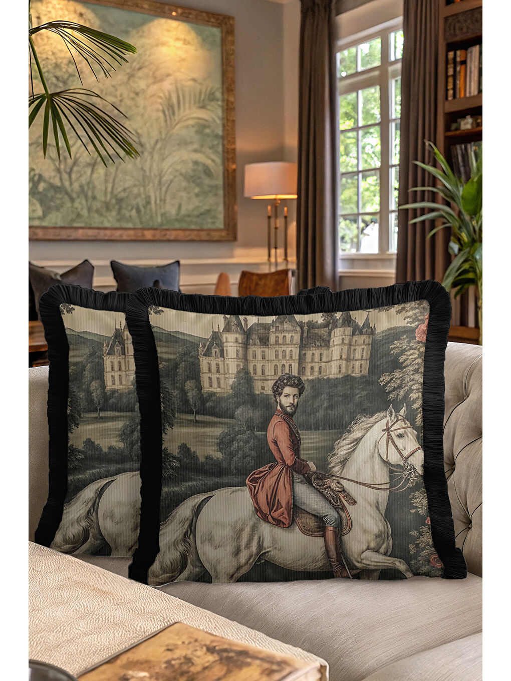 Karışık Saray Esintili Saçaklı Yastık Kılıfı - Şato Temalı Barok Siyah Püsküllü Kırlent Kılıfı-7