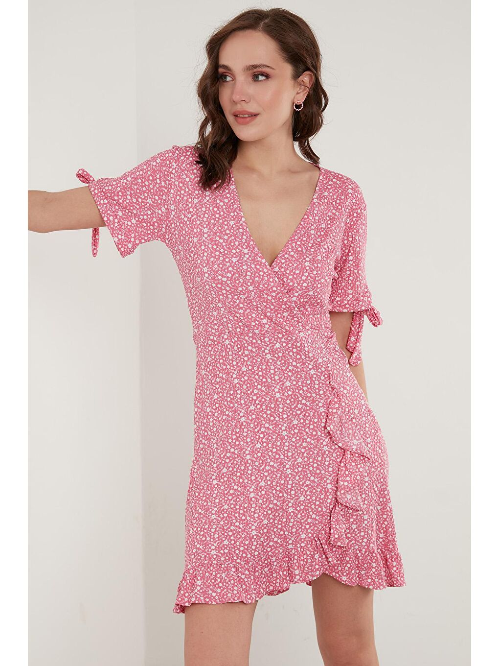 Fuşya Dar Kesim Kruvaze Yaka Fırfır Detaylı Mini Elbise 5863719-2