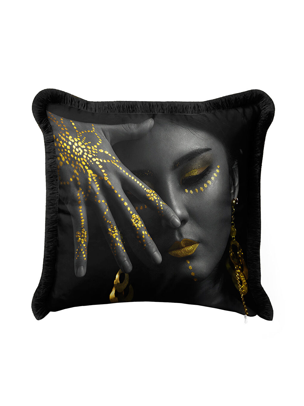 Karışık Lüks Altın Renk Yüz Motifli Saçaklı Yastık Kılıfı - Etnik Siyah Modern Gold Püsküllü Kırlent Kılıfı-1