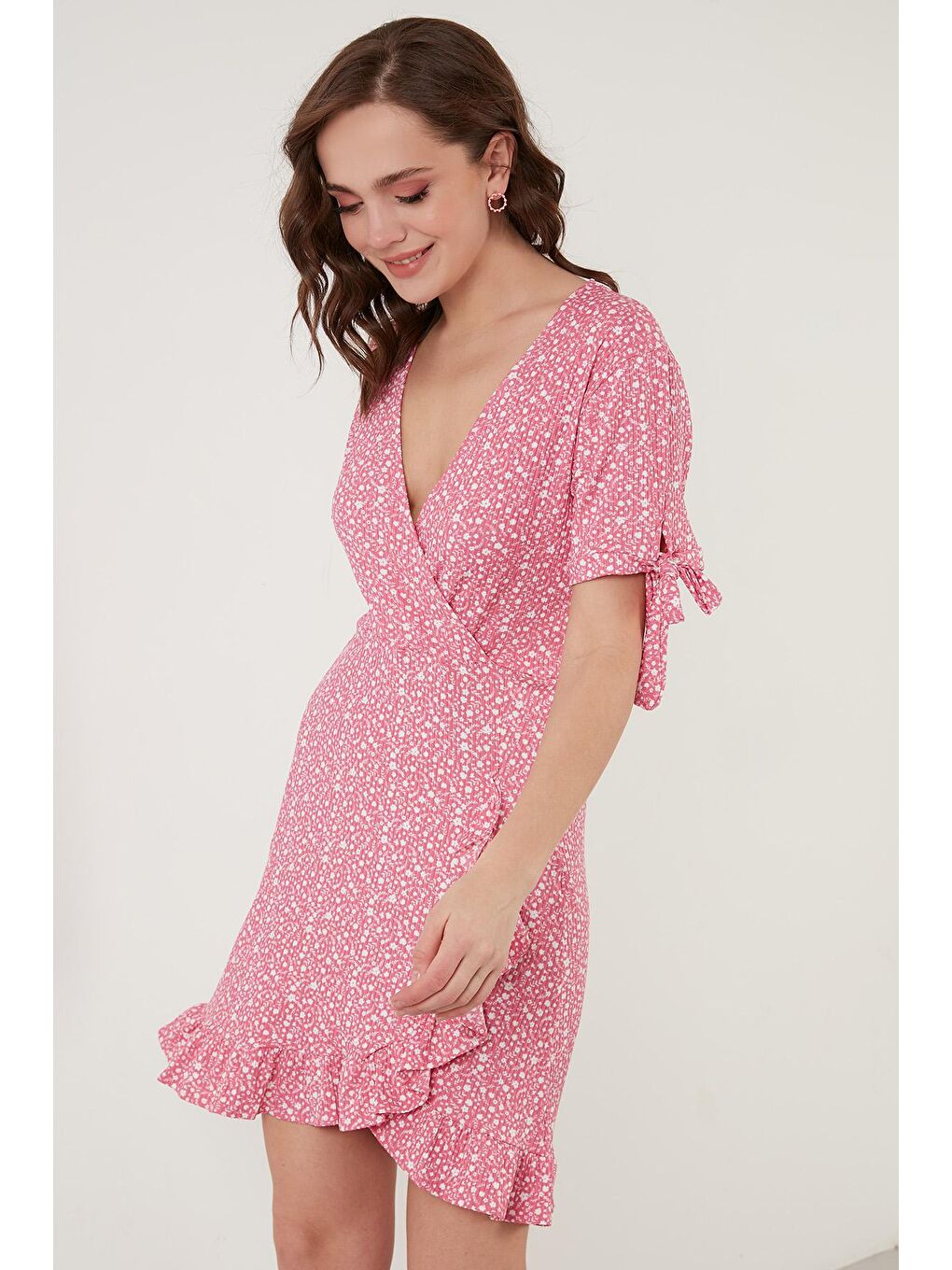 Fuşya Dar Kesim Kruvaze Yaka Fırfır Detaylı Mini Elbise 5863719-3