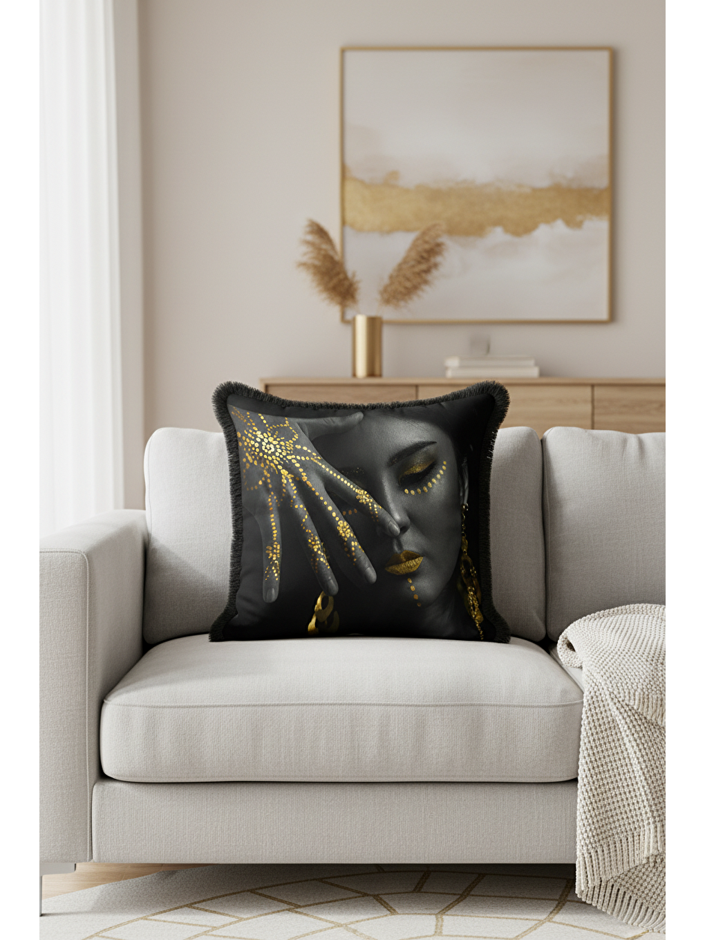 Karışık Lüks Altın Renk Yüz Motifli Saçaklı Yastık Kılıfı - Etnik Siyah Modern Gold Püsküllü Kırlent Kılıfı-2