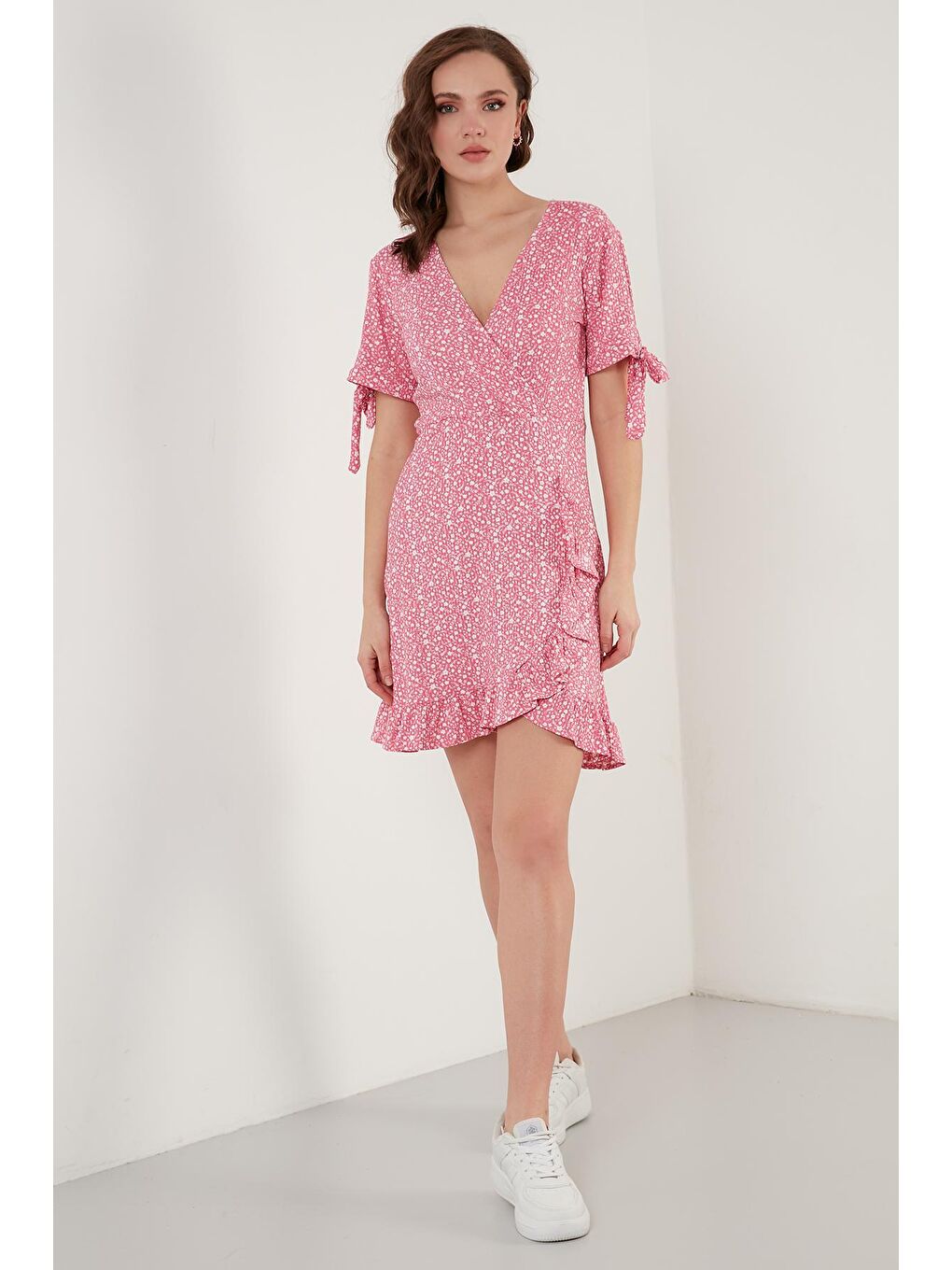 Fuşya Dar Kesim Kruvaze Yaka Fırfır Detaylı Mini Elbise 5863719-4