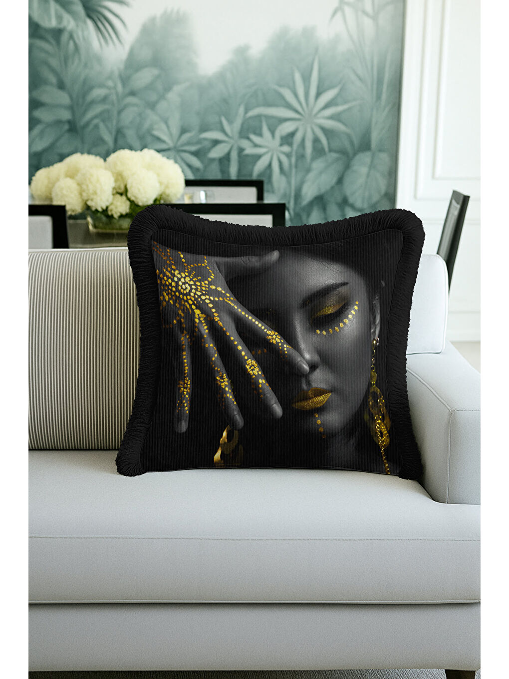 Karışık Lüks Altın Renk Yüz Motifli Saçaklı Yastık Kılıfı - Etnik Siyah Modern Gold Püsküllü Kırlent Kılıfı-3