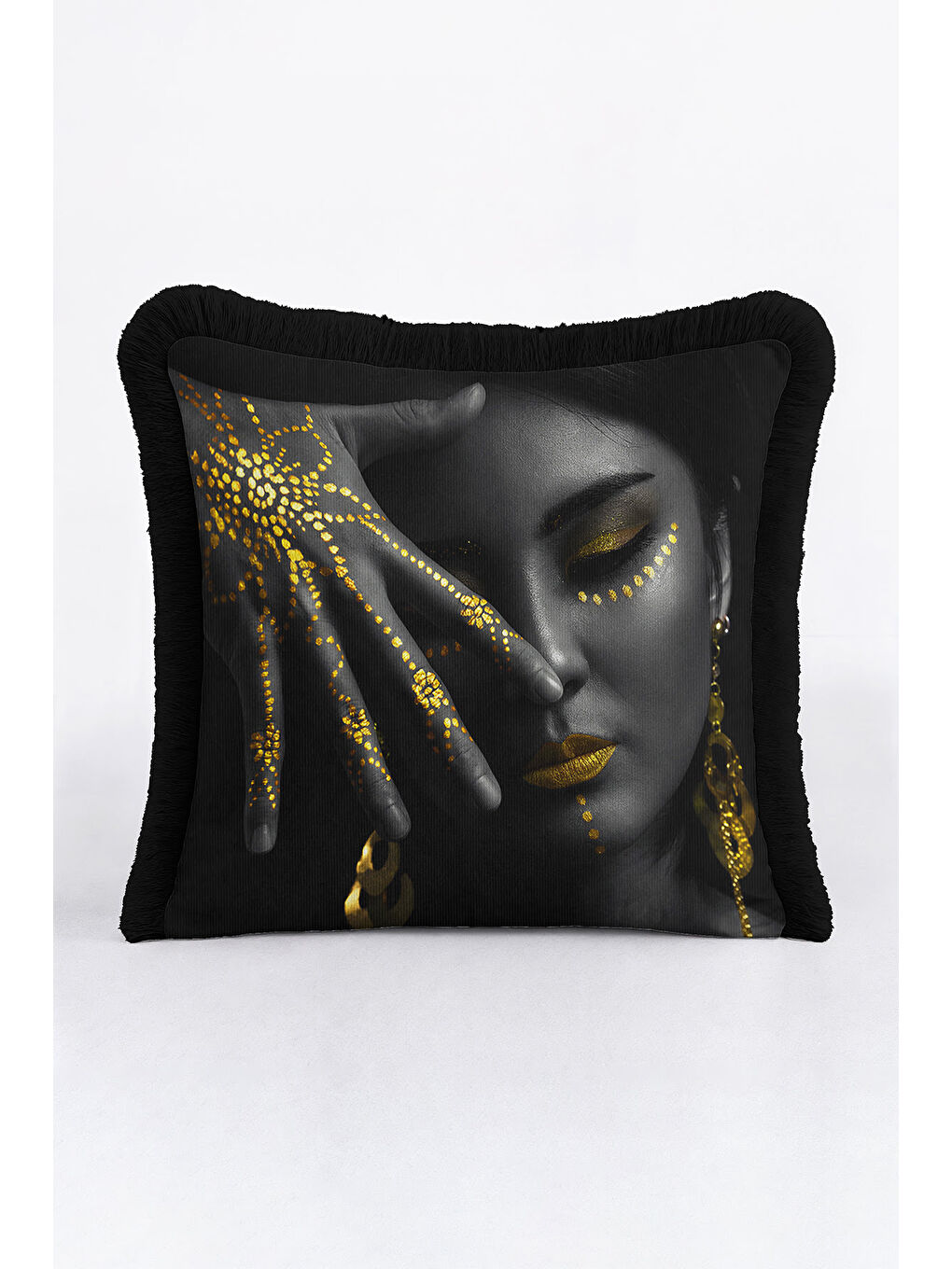 Karışık Lüks Altın Renk Yüz Motifli Saçaklı Yastık Kılıfı - Etnik Siyah Modern Gold Püsküllü Kırlent Kılıfı-4