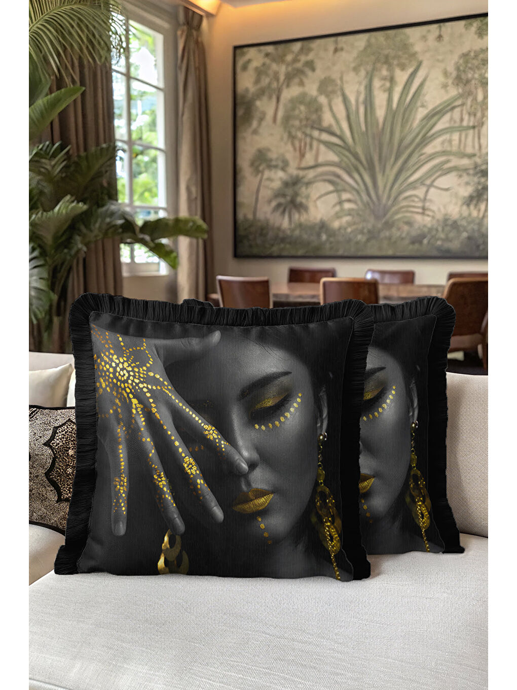 Karışık Lüks Altın Renk Yüz Motifli Saçaklı Yastık Kılıfı - Etnik Siyah Modern Gold Püsküllü Kırlent Kılıfı-5