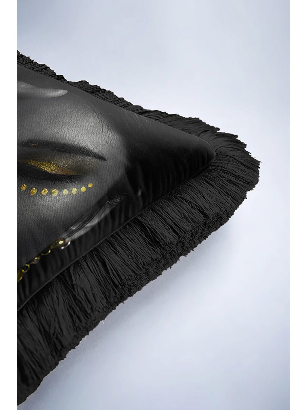 Karışık Lüks Altın Renk Yüz Motifli Saçaklı Yastık Kılıfı - Etnik Siyah Modern Gold Püsküllü Kırlent Kılıfı-6