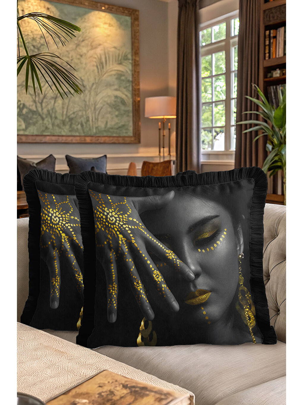 Karışık Lüks Altın Renk Yüz Motifli Saçaklı Yastık Kılıfı - Etnik Siyah Modern Gold Püsküllü Kırlent Kılıfı-7