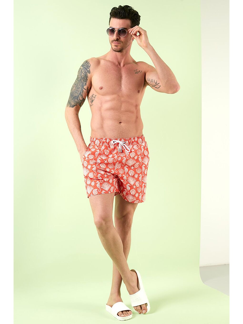 Turuncu Desenli Deniz Şortu Belden Bağlamalı Cepli Erkek Mayo Short 3800283