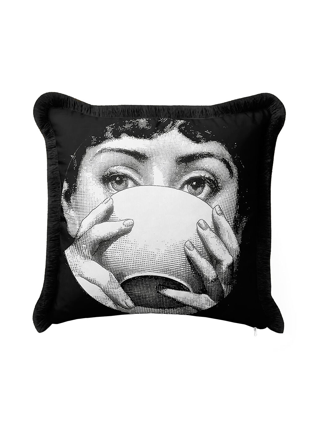 Karışık Sanatsal Retro Portre Saçaklı Yastık Kılıfı - Monokrom Modern Siyah Püsküllü Kırlent Kılıfı-3