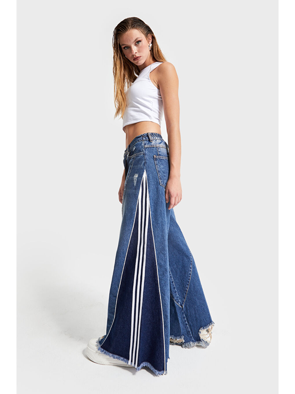 Mavi Kadın jean  Rengi Denim Parçalı Palazzo Fit Tasarım Denim