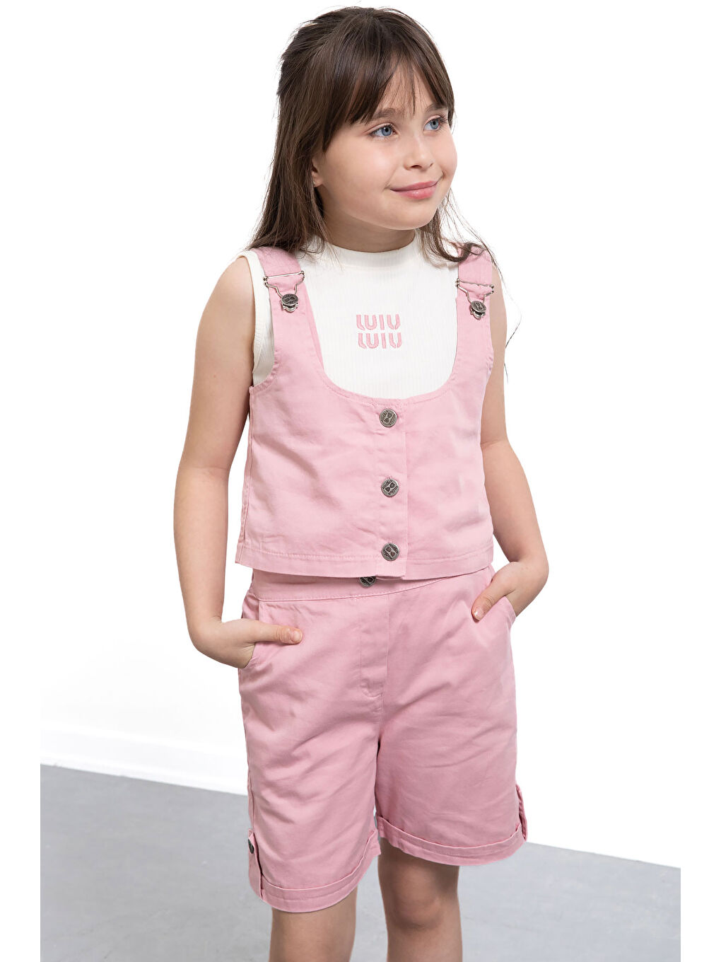 Pembe Sıfır Kol Badili Düğmeli Yelekli Kız Çocuk 3lü Şortlu Takım 21036-1