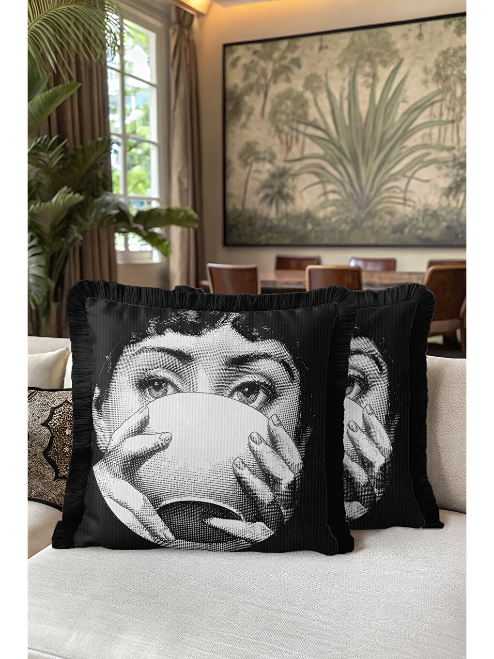Karışık Sanatsal Retro Portre Saçaklı Yastık Kılıfı - Monokrom Modern Siyah Püsküllü Kırlent Kılıfı-5
