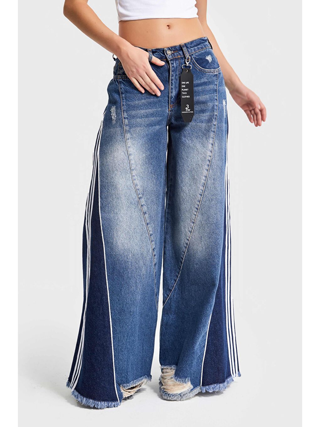 Mavi Kadın jean  Rengi Denim Parçalı Palazzo Fit Tasarım Denim-1