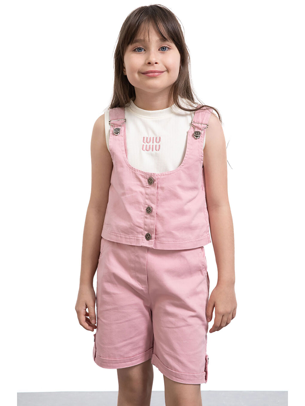 Pembe Sıfır Kol Badili Düğmeli Yelekli Kız Çocuk 3lü Şortlu Takım 21036-3
