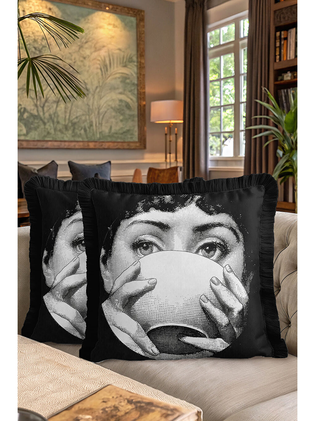 Karışık Sanatsal Retro Portre Saçaklı Yastık Kılıfı - Monokrom Modern Siyah Püsküllü Kırlent Kılıfı-7