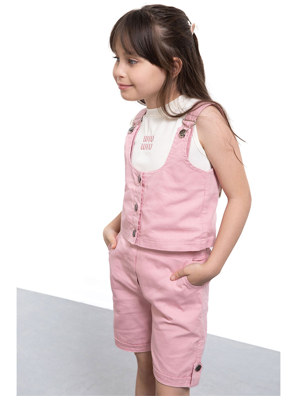 Pembe Sıfır Kol Badili Düğmeli Yelekli Kız Çocuk 3lü Şortlu Takım 21036-4