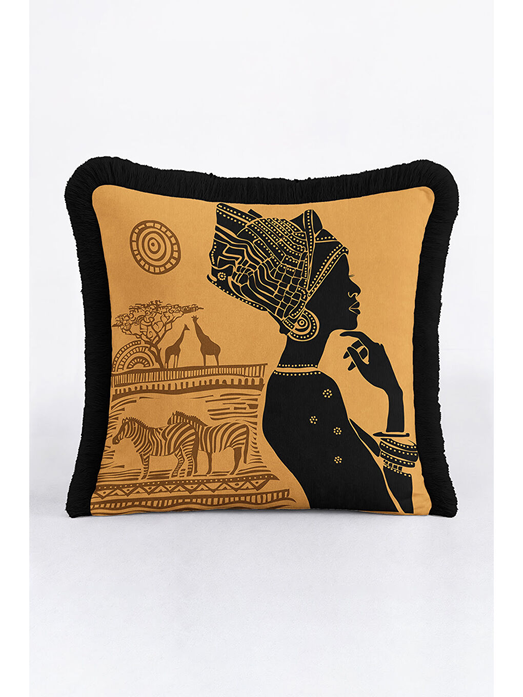 Karışık Afrikan Esintili Saçaklı Yastık Kılıfı - Etnik Safari Temalı Siyah Gold Renk Püsküllü Kırlent Kılıfı