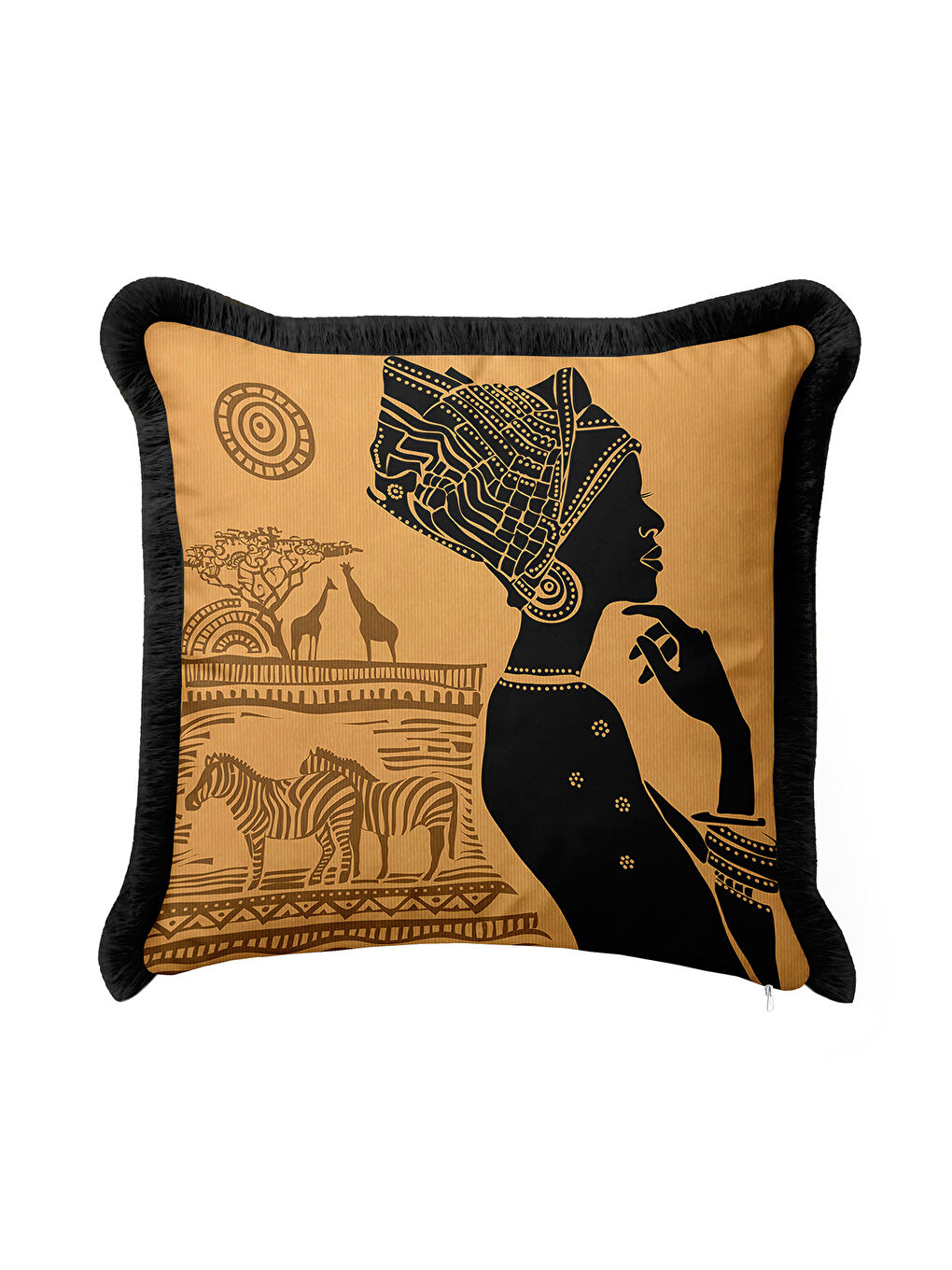 Karışık Afrikan Esintili Saçaklı Yastık Kılıfı - Etnik Safari Temalı Siyah Gold Renk Püsküllü Kırlent Kılıfı-1
